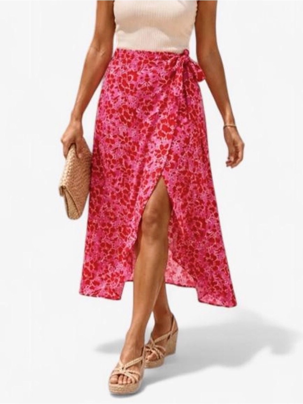 J.CREW Faux Wrap Midi Skirt Azalea Belvedere Floral Red Pink Size XXS Viscose